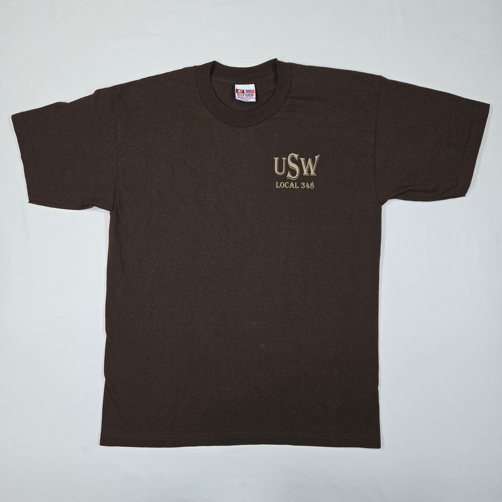 Vintage Style Industrial Grunge Tee USW Steelworkers Bayside USA Made L Brown